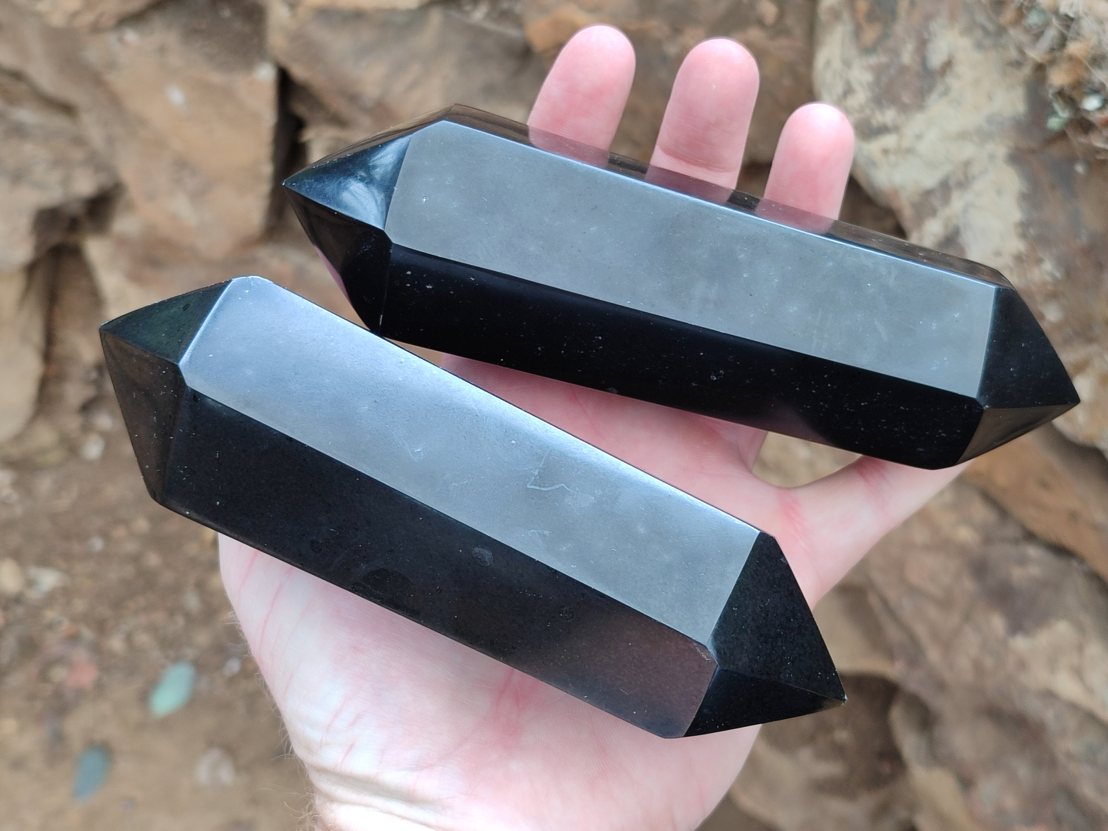 Polished Double Terminated Black Basalt Points x 3 From Antsirabe, Madagascar - Toprock Gemstones and Minerals 