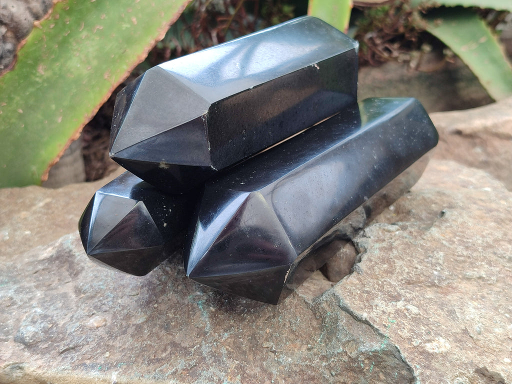 Polished Double Terminated Black Basalt Points x 3 From Antsirabe, Madagascar - Toprock Gemstones and Minerals 