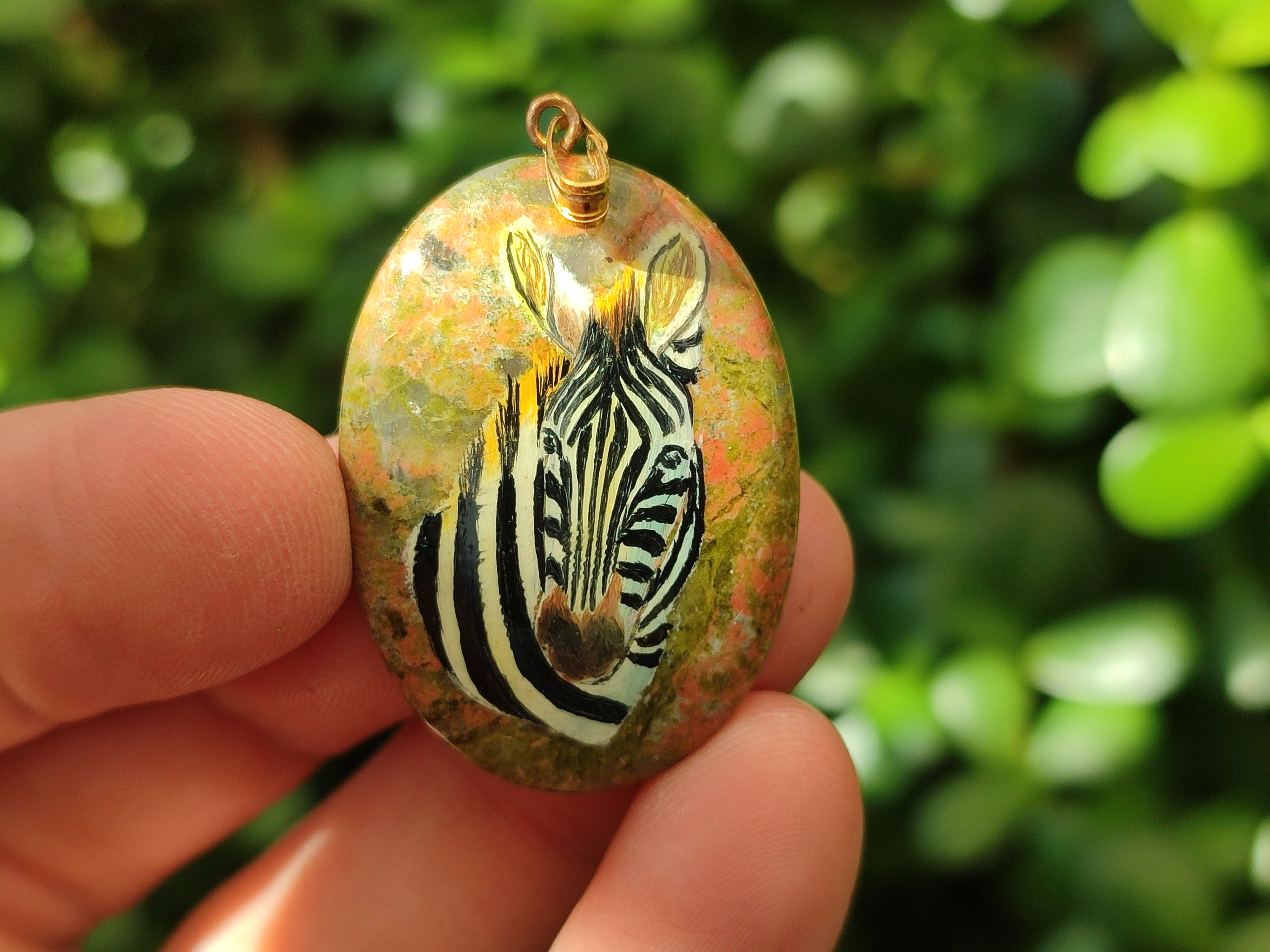 Polished Unakite Pendant with Hand Painted Zebra - Sold Per Item - From South Africa - Toprock Gemstones and Minerals 