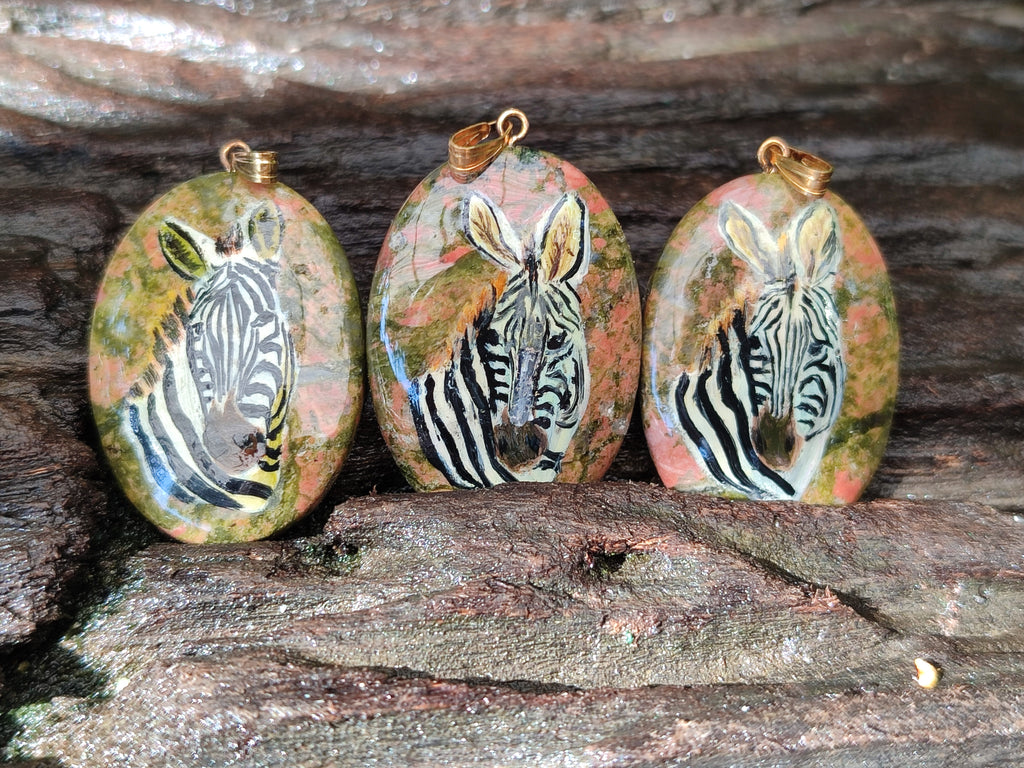 Polished Unakite Pendant with Hand Painted Zebra - Sold Per Item - From South Africa - Toprock Gemstones and Minerals 