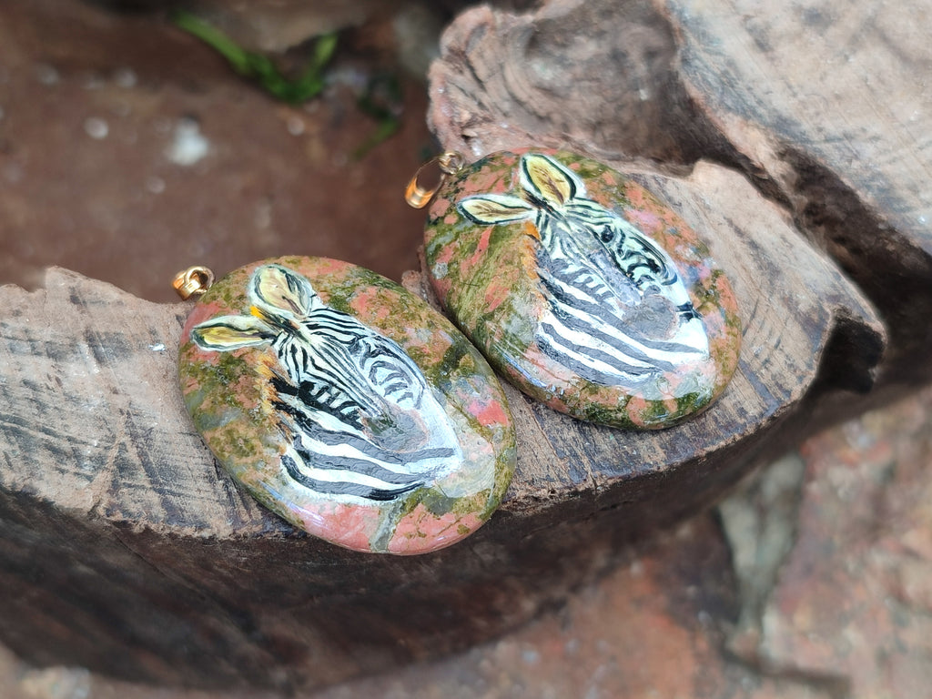 Polished Unakite Pendant with Hand Painted Zebra - Sold Per Item - From South Africa - Toprock Gemstones and Minerals 
