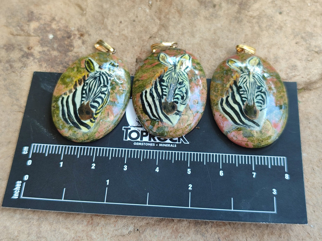 Polished Unakite Pendant with Hand Painted Zebra - Sold Per Item - From South Africa - Toprock Gemstones and Minerals 