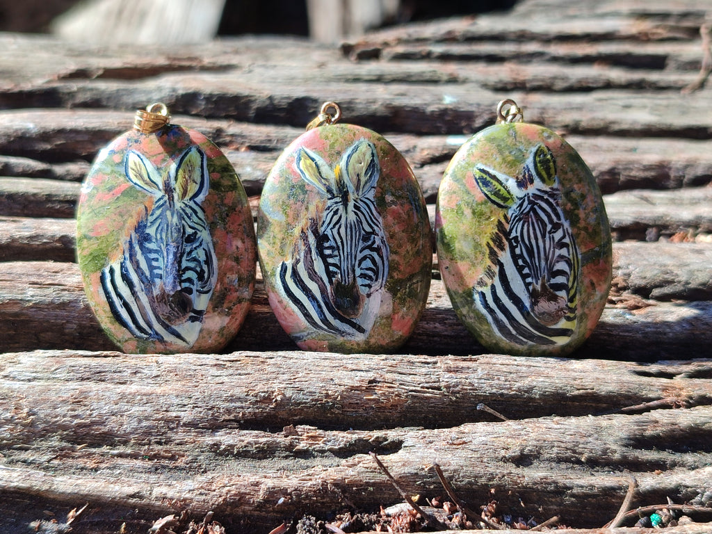 Polished Unakite Pendant with Hand Painted Zebra - Sold Per Item - From South Africa - Toprock Gemstones and Minerals 