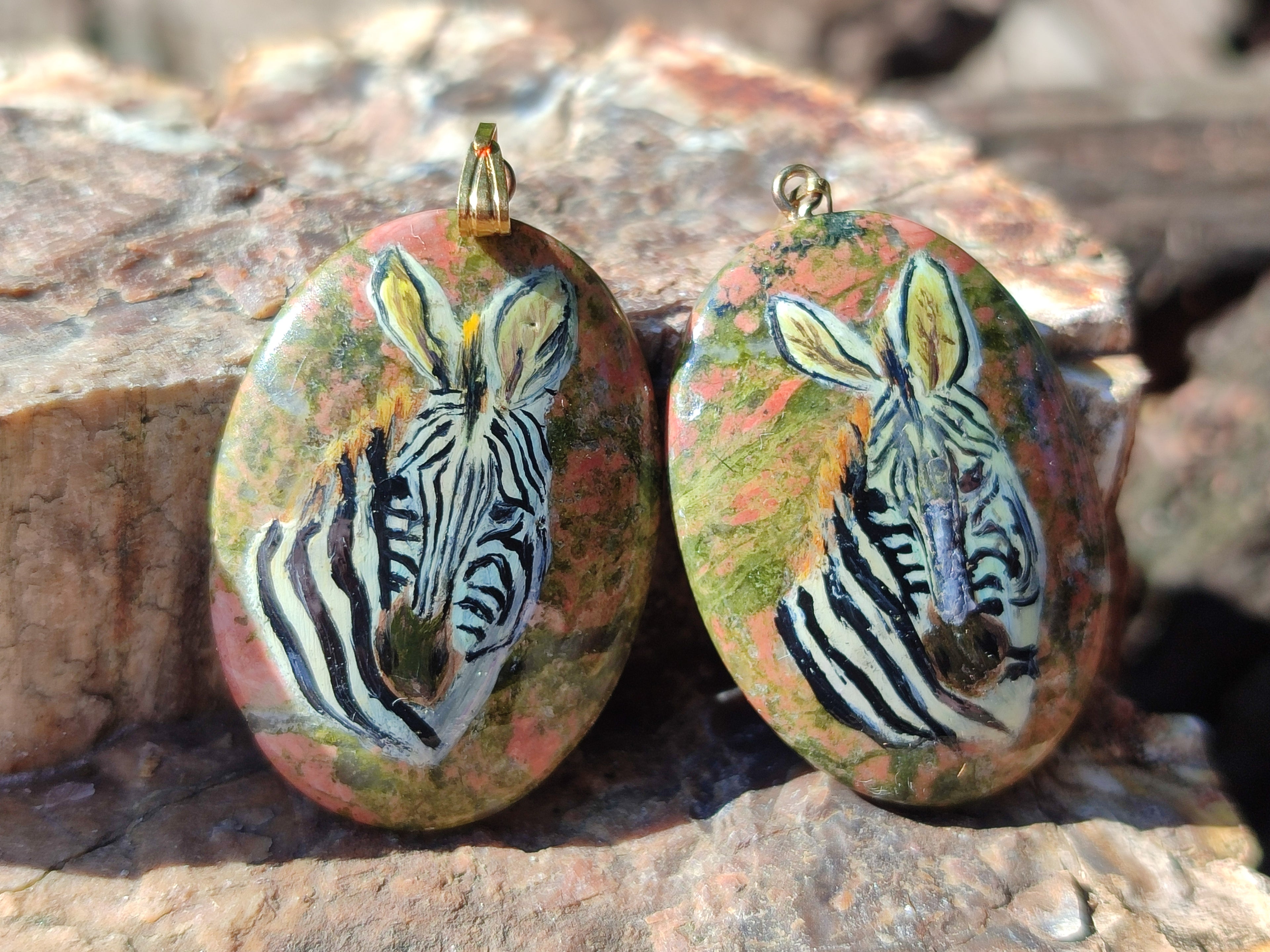 Polished Unakite Pendant with Hand Painted Zebra - Sold Per Item - From South Africa - Toprock Gemstones and Minerals 