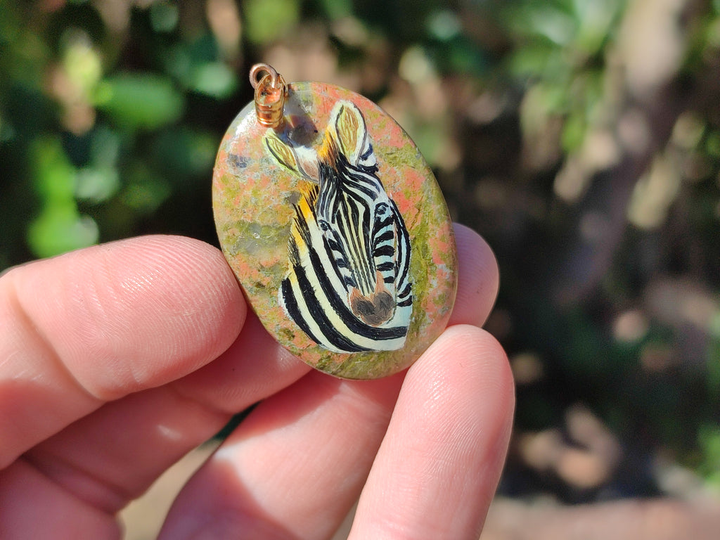 Polished Unakite Pendant with Hand Painted Zebra - Sold Per Item - From South Africa - Toprock Gemstones and Minerals 