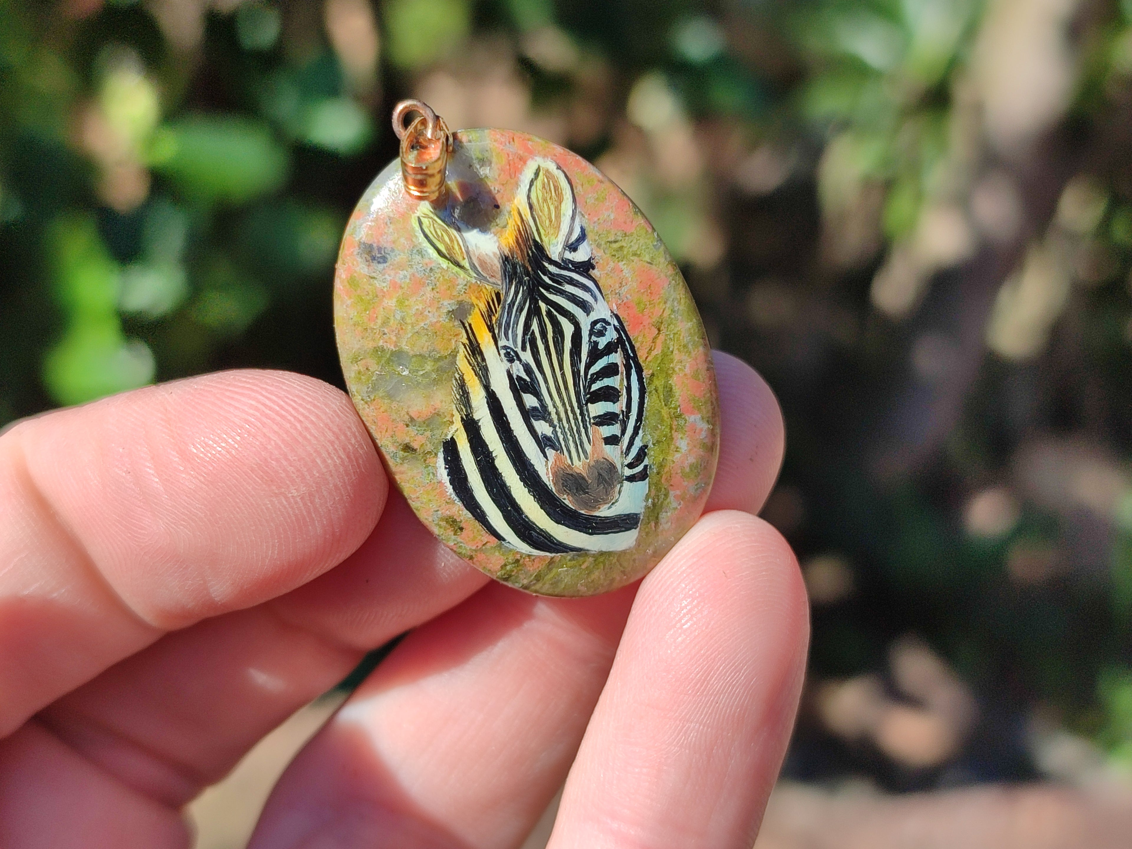 Polished Unakite Pendant with Hand Painted Zebra - Sold Per Item - From South Africa - Toprock Gemstones and Minerals 