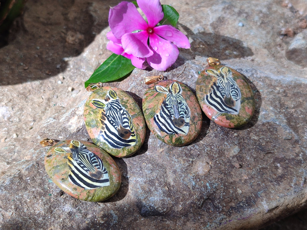 Polished Unakite Pendant with Hand Painted Zebra - Sold Per Item - From South Africa - Toprock Gemstones and Minerals 