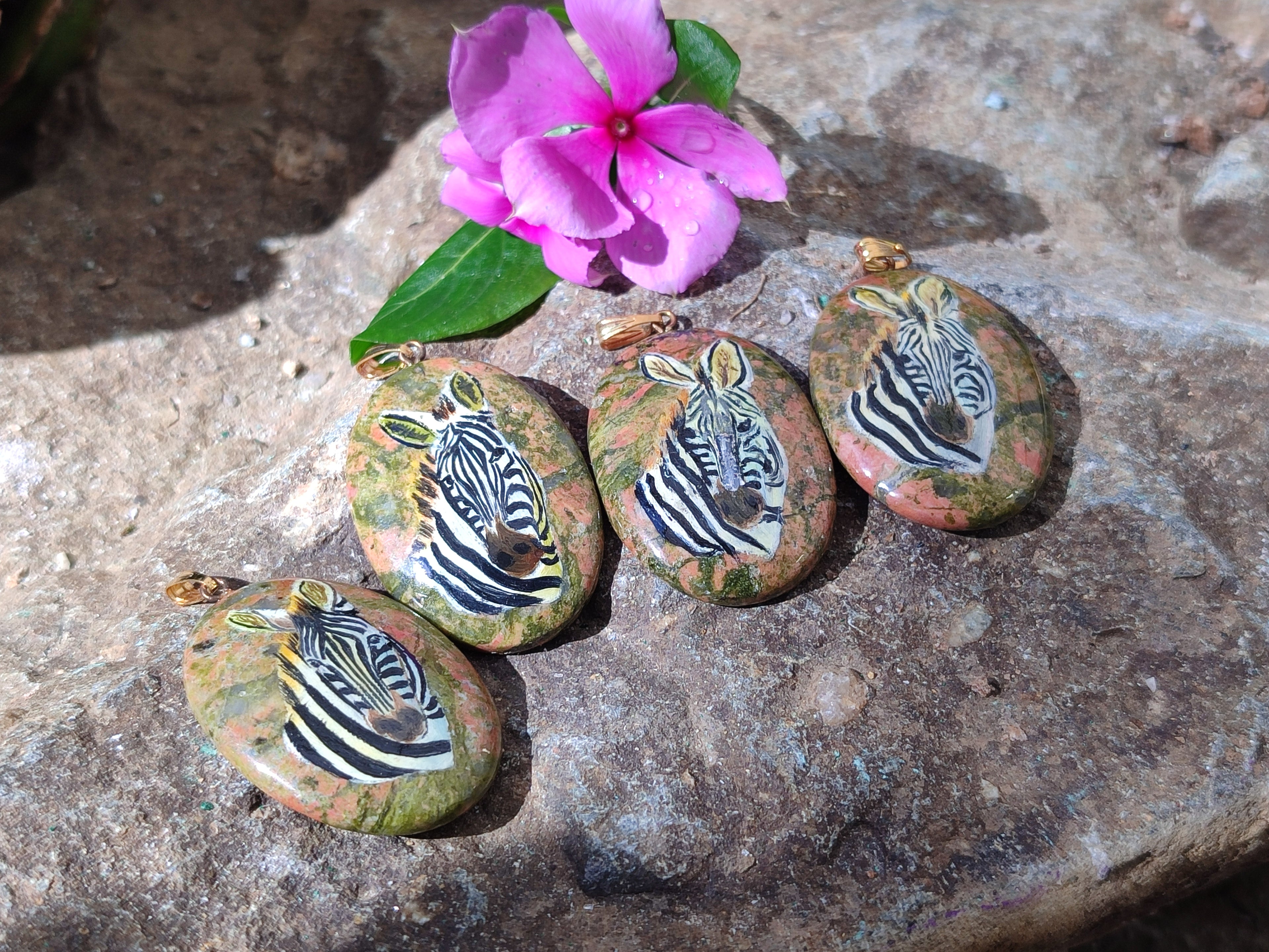 Polished Unakite Pendant with Hand Painted Zebra - Sold Per Item - From South Africa - Toprock Gemstones and Minerals 