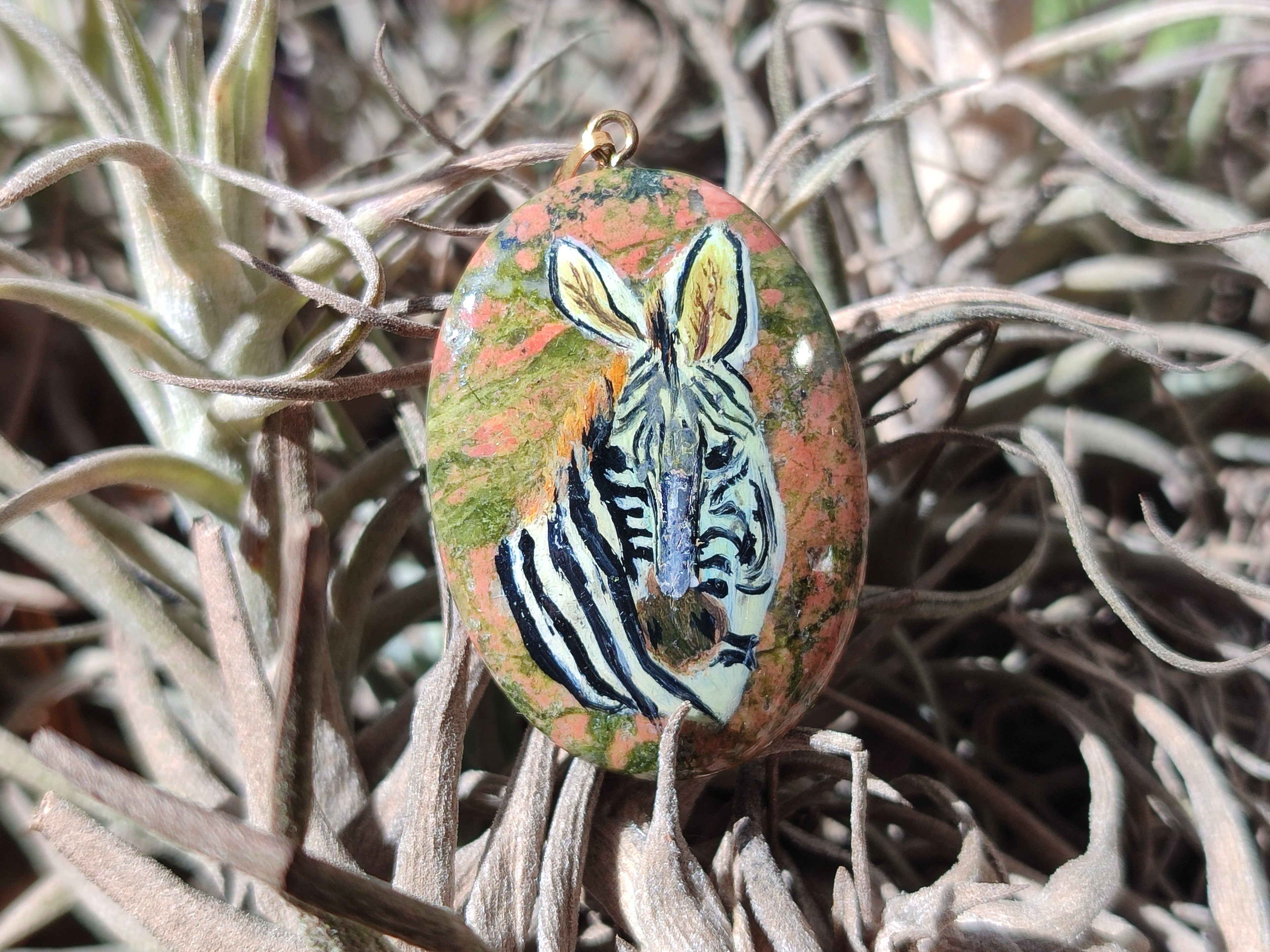 Polished Unakite Pendant with Hand Painted Zebra - Sold Per Item - From South Africa - Toprock Gemstones and Minerals 
