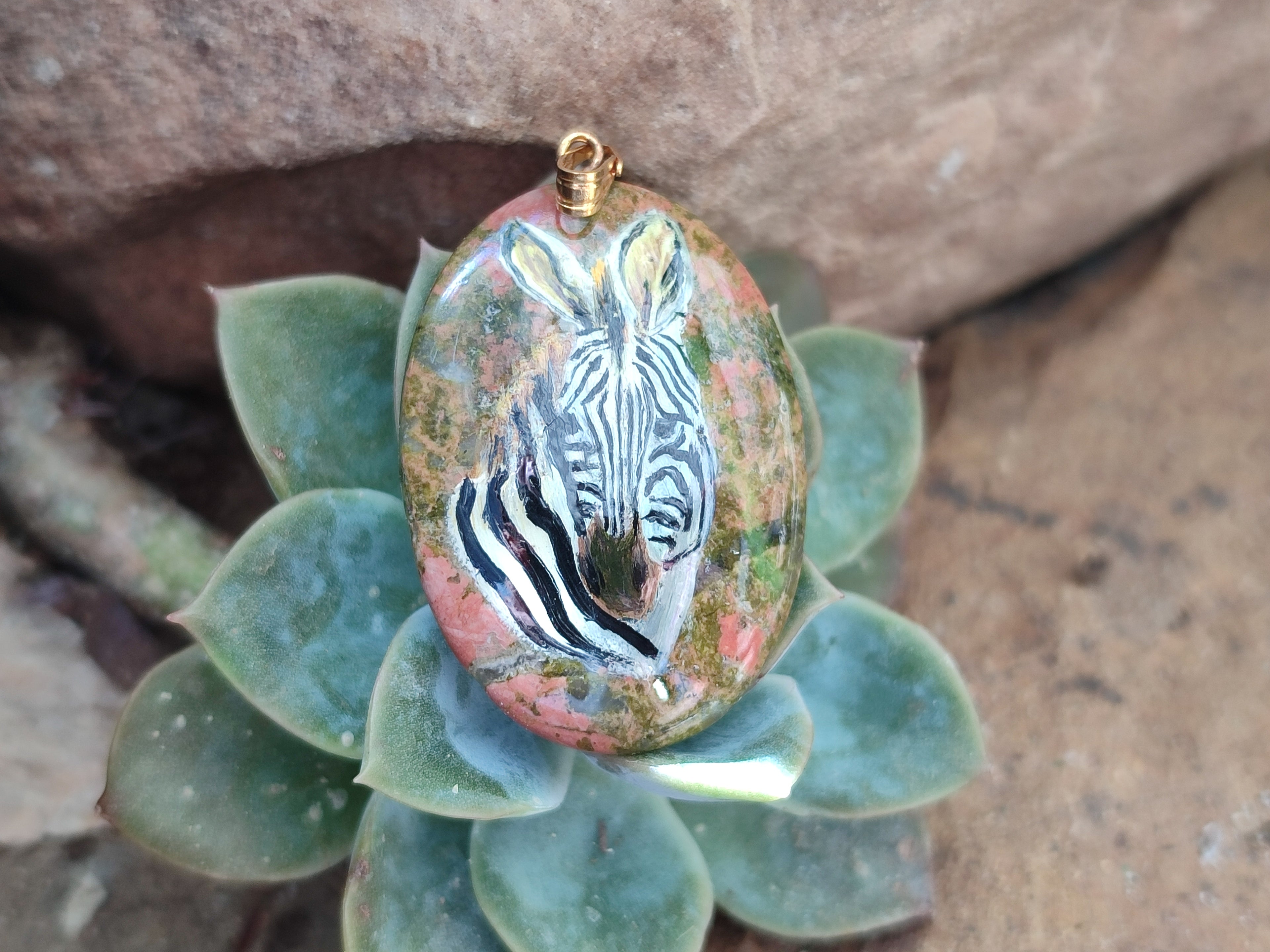 Polished Unakite Pendant with Hand Painted Zebra - Sold Per Item - From South Africa - Toprock Gemstones and Minerals 
