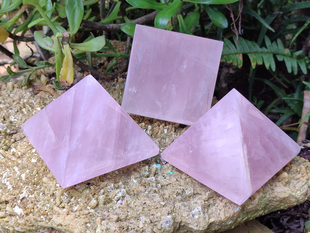 Polished Rose Quartz Pyramids x 3 From Madagascar - Toprock Gemstones and Minerals 