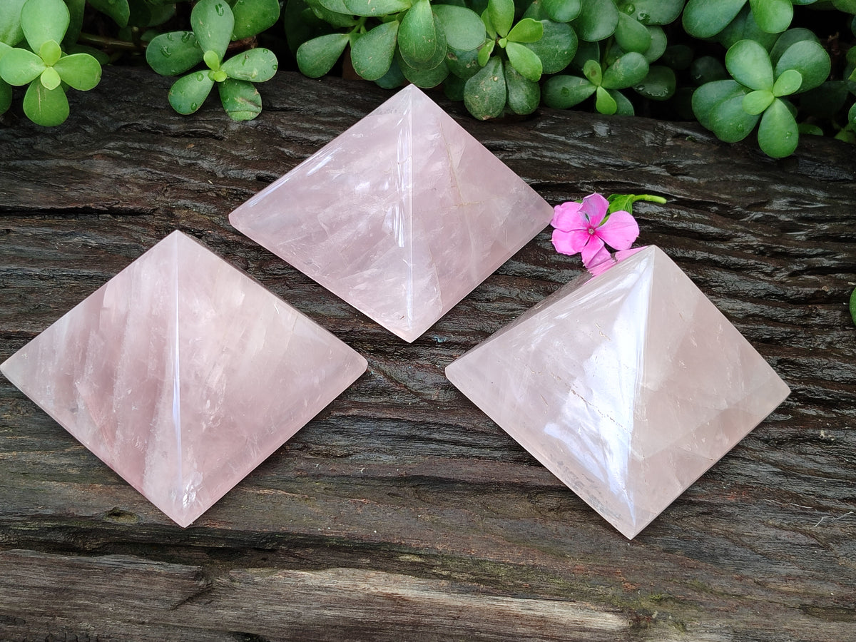 Polished Rose Quartz Pyramids x 3 From Madagascar - Toprock Gemstones and Minerals 