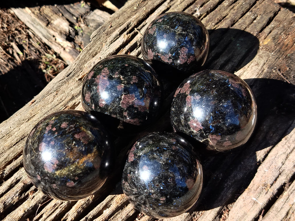 Polished Rare Iolite Spheres with Pink Feldspar Spots x 5 From Madagascar - Toprock Gemstones and Minerals 