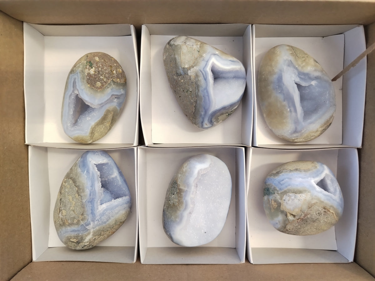 Polished Blue Lace Agate Geodes x 6 From Nsanje, Malawi - Toprock Gemstones and Minerals 