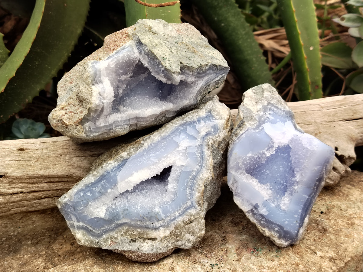 Natural Blue Lace Agate Geode Specimens x 3 From Nsanje, Malawi - Toprock Gemstones and Minerals 