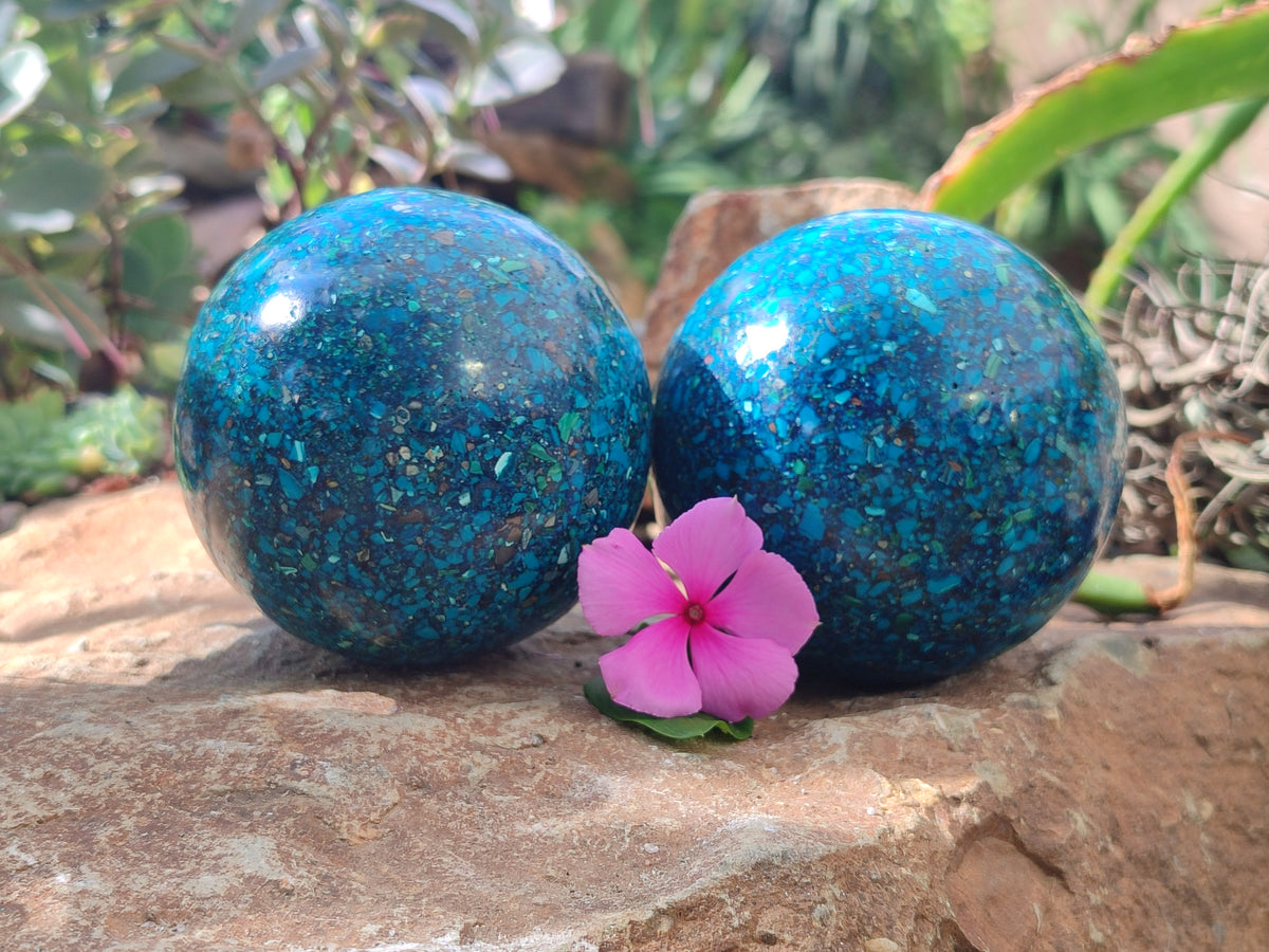 Polished Chrysocolla Conglomerate Spheres x 2 From Congo - Toprock Gemstones and Minerals 