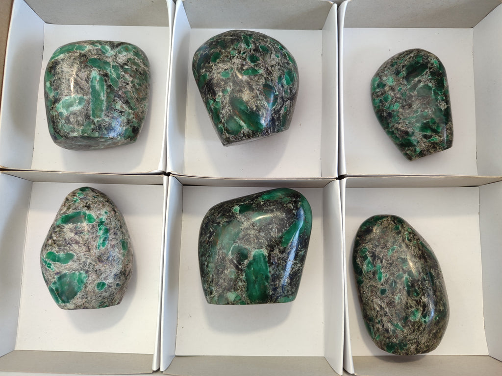 Polished Emerald Mica In Matrix Standing Free Forms x 6 From Mutoko, Zimbabwe - Toprock Gemstones and Minerals 