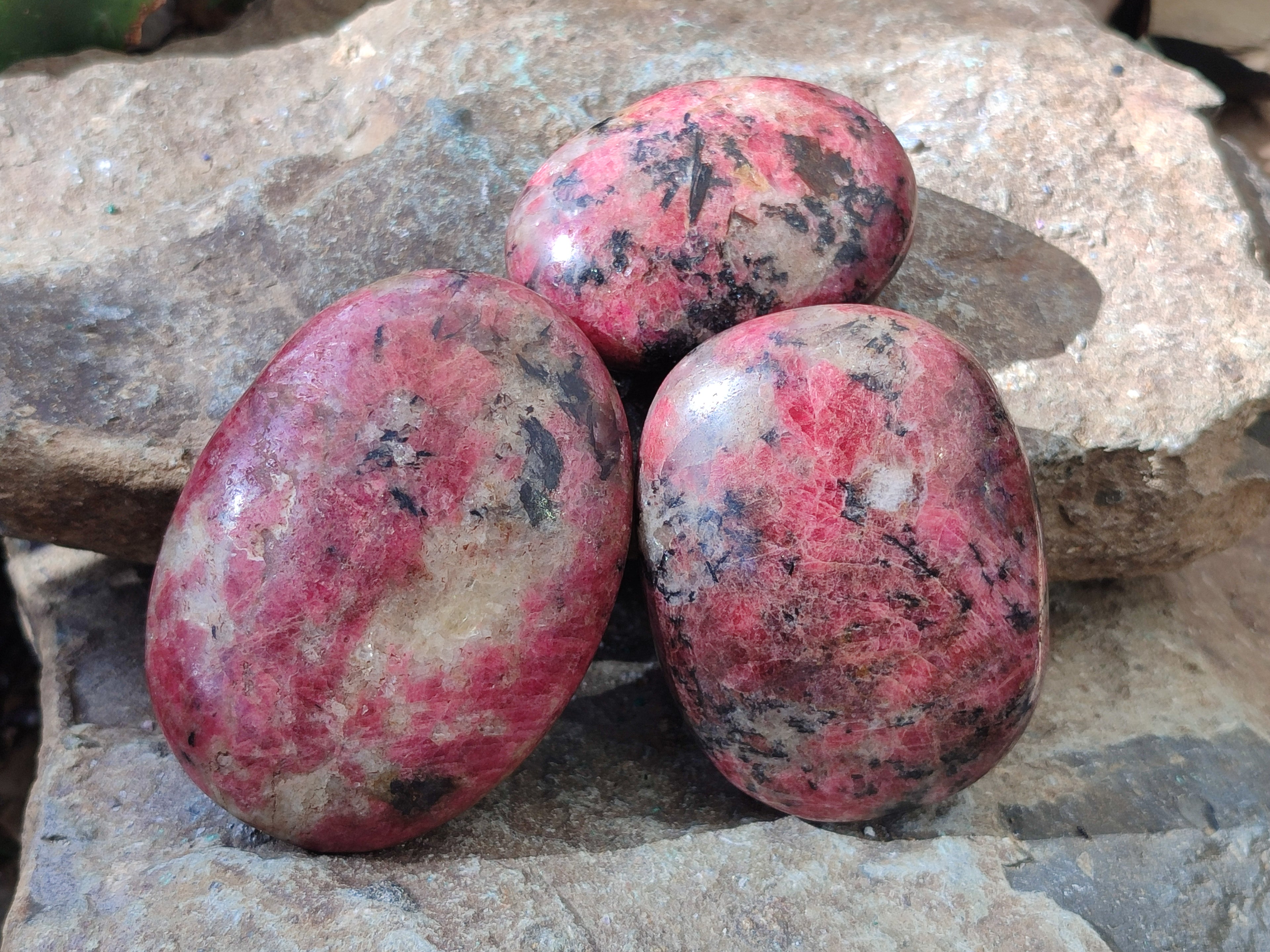Polished Rhodonite Palm Stones x 3 From Zimbabwe - Toprock Gemstones and Minerals 