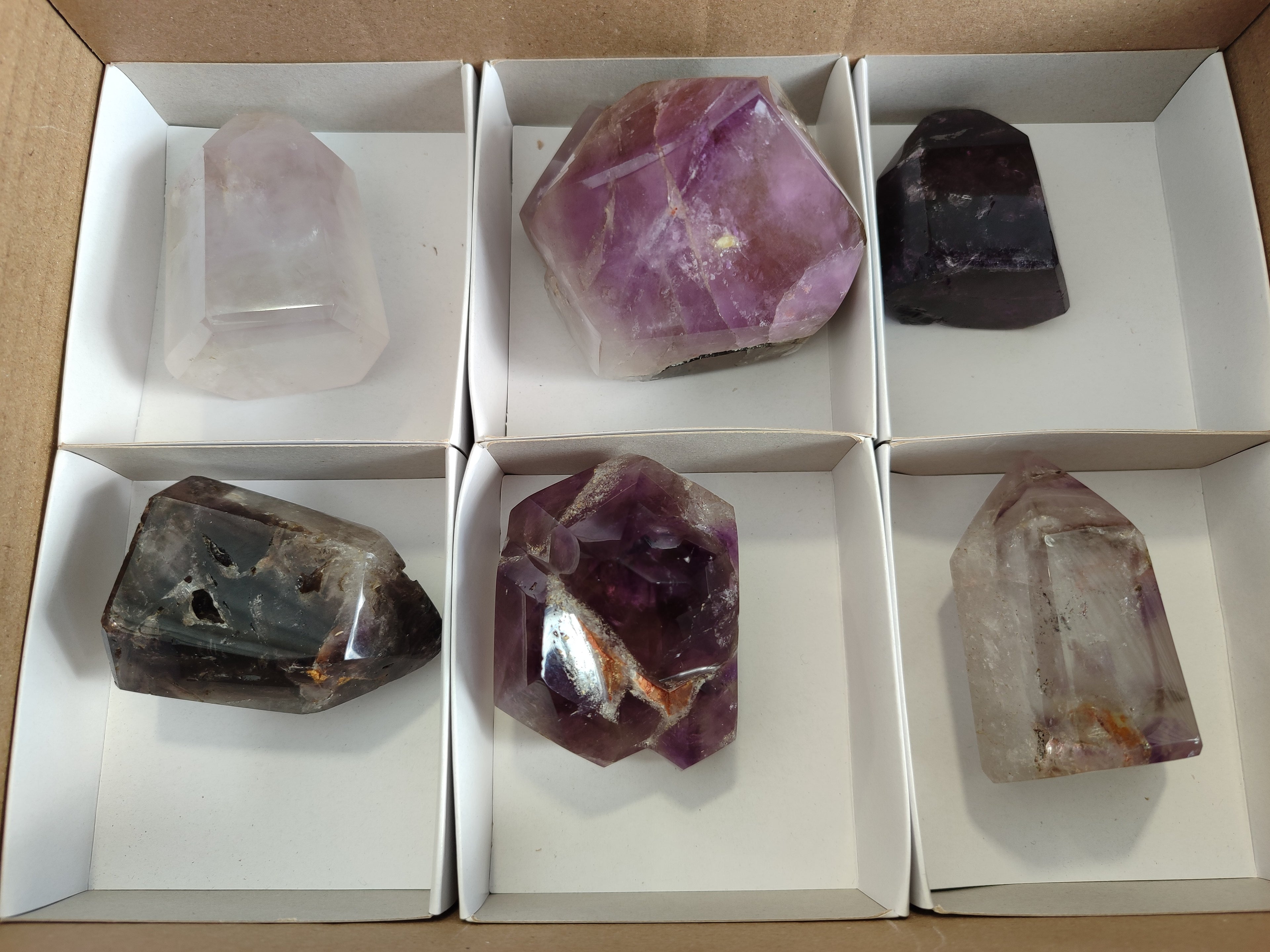 Polished Smokey Amethyst Window Quartz Crystals x 6 From Akansobe, Madagascar - Toprock Gemstones and Minerals 
