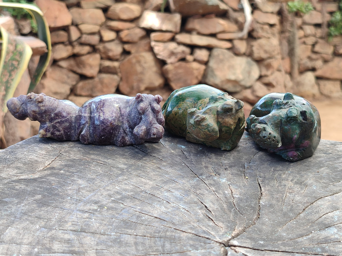 Hand Made Stone Hippo Carvings x 3 From Zimbabwe - Toprock Gemstones and Minerals 