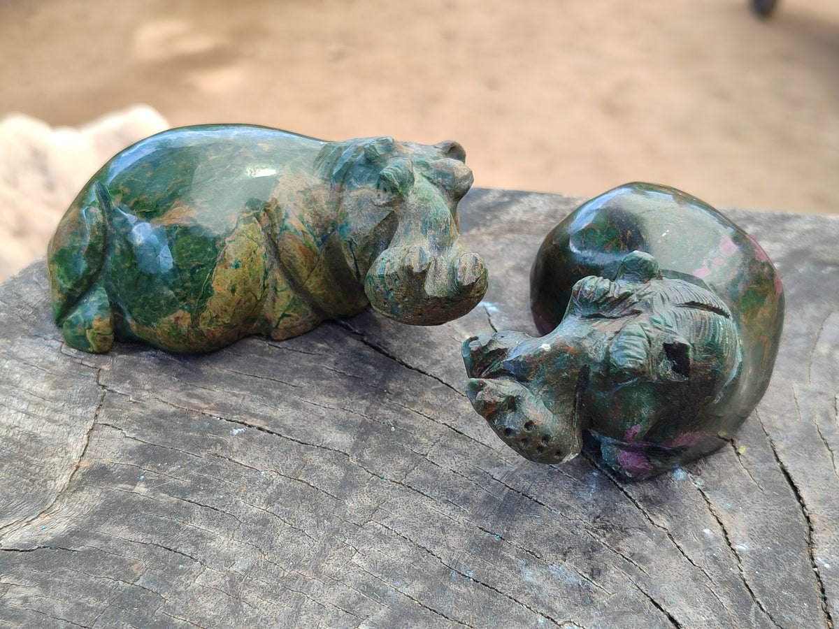 Hand Made Stone Hippo Carvings x 3 From Zimbabwe - Toprock Gemstones and Minerals 