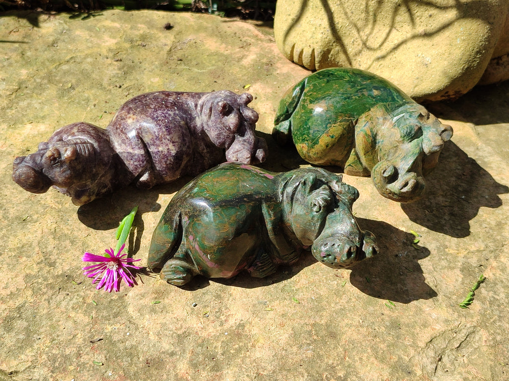 Hand Made Stone Hippo Carvings x 3 From Zimbabwe - Toprock Gemstones and Minerals 