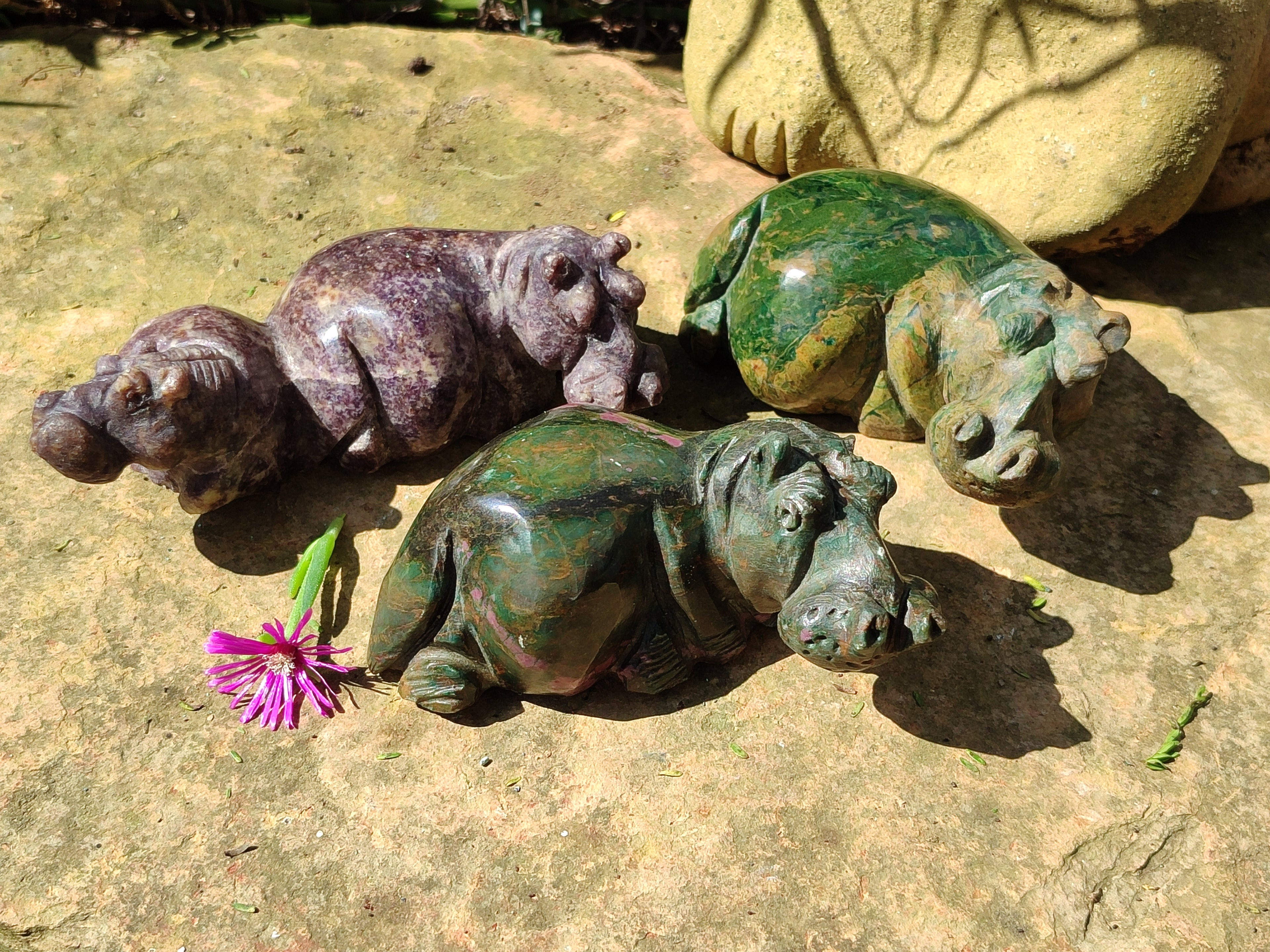 Hand Made Stone Hippo Carvings x 3 From Zimbabwe - Toprock Gemstones and Minerals 
