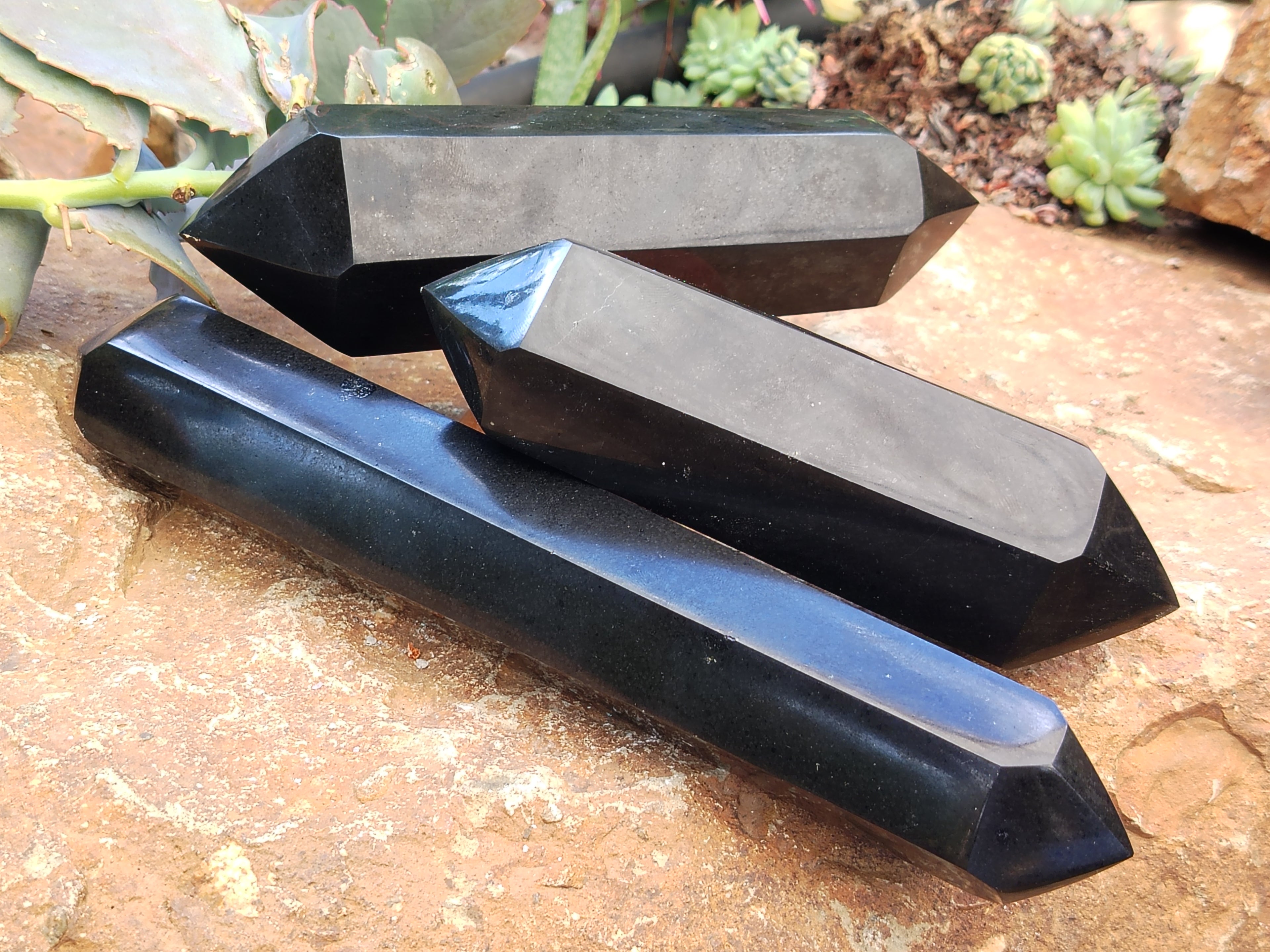 Polished Double Terminated Black Basalt Points x 3 From Antsirabe, Madagascar - Toprock Gemstones and Minerals 