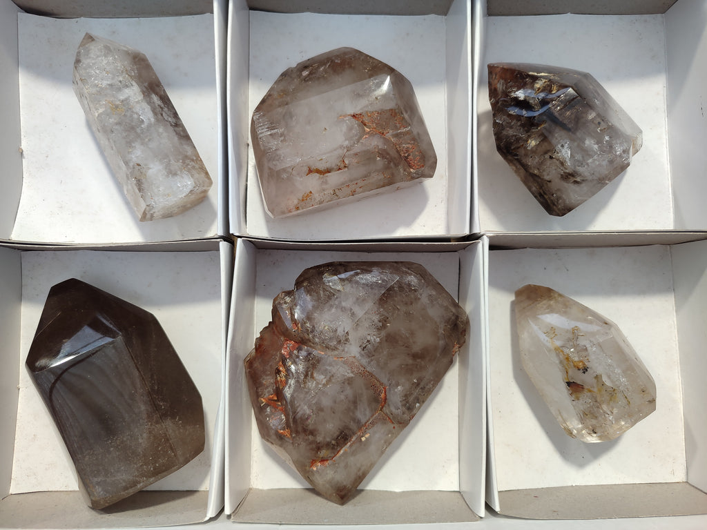 Polished Smokey Window Quartz Crystals x 6 From Madagascar - Toprock Gemstones and Minerals 
