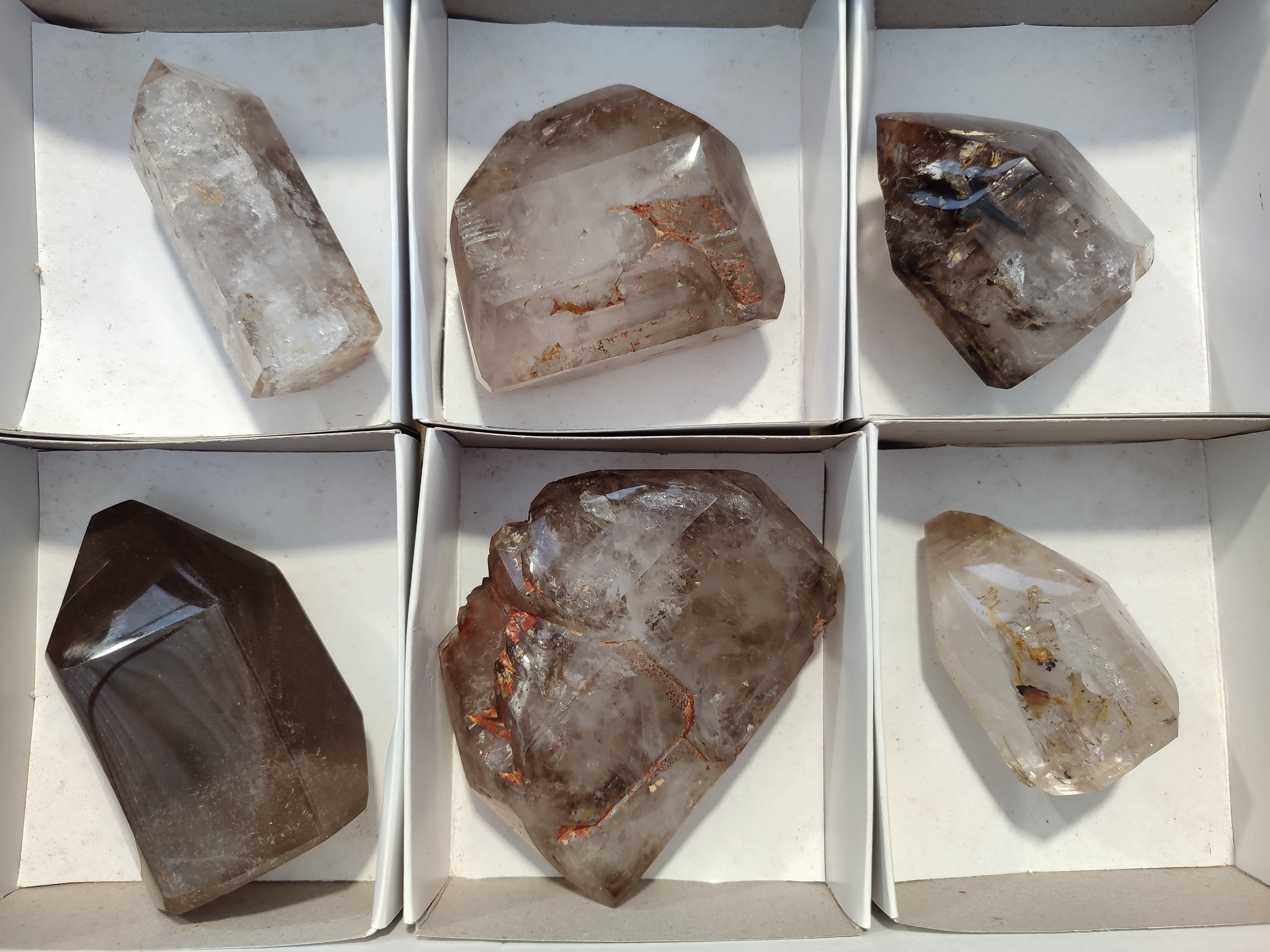 Polished Smokey Window Quartz Crystals x 6 From Madagascar - Toprock Gemstones and Minerals 