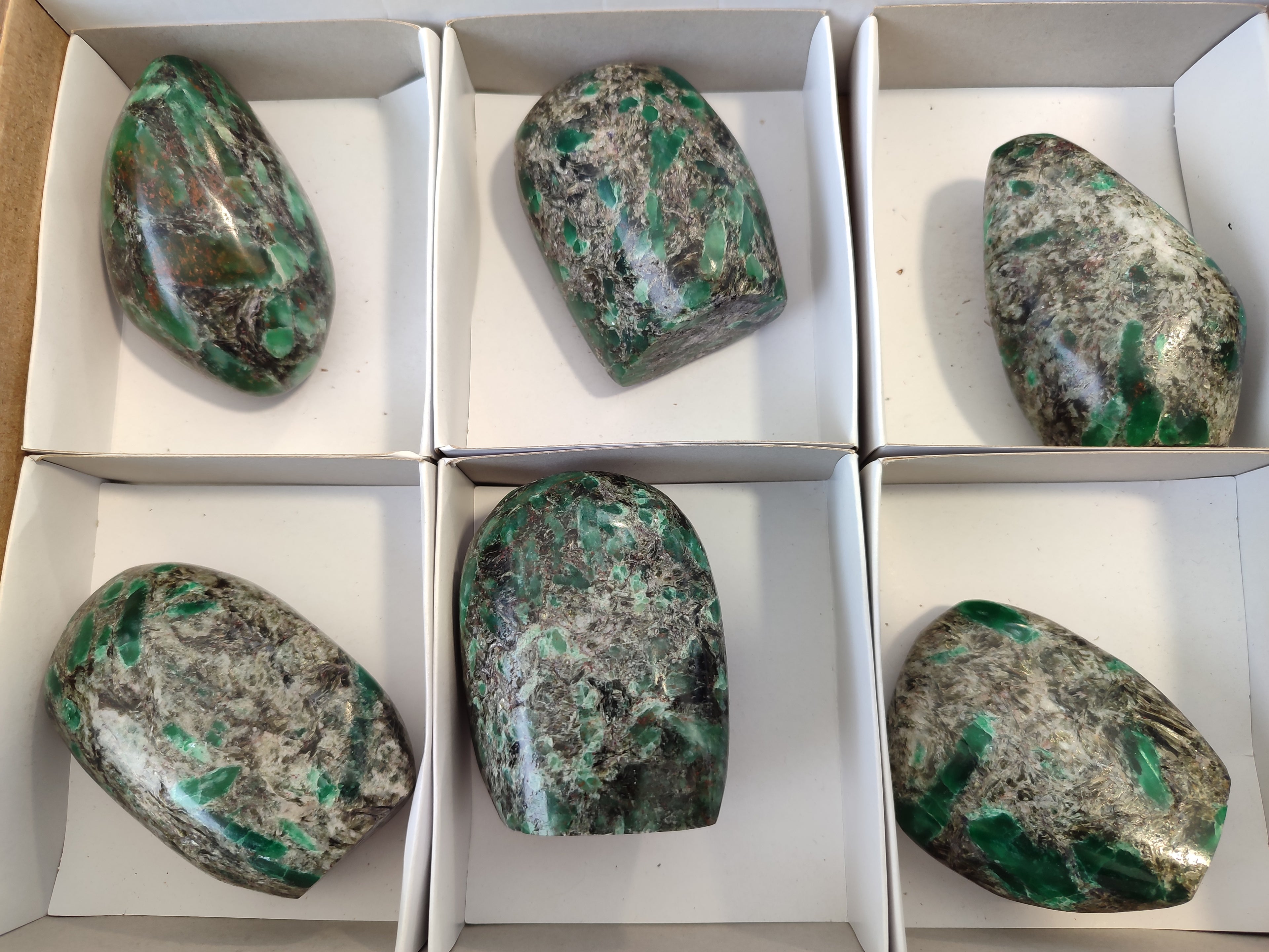 Polished Emerald Mica In Matrix Standing Free Forms x 6 From Mutoko, Zimbabwe - Toprock Gemstones and Minerals 