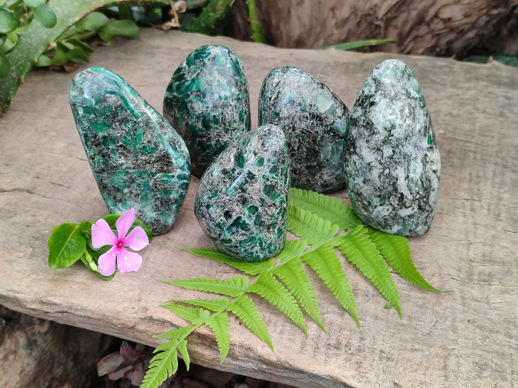 Polished Emerald Mica In Matrix Standing Free Forms x 5 From Mutoko, Zimbabwe - Toprock Gemstones and Minerals 