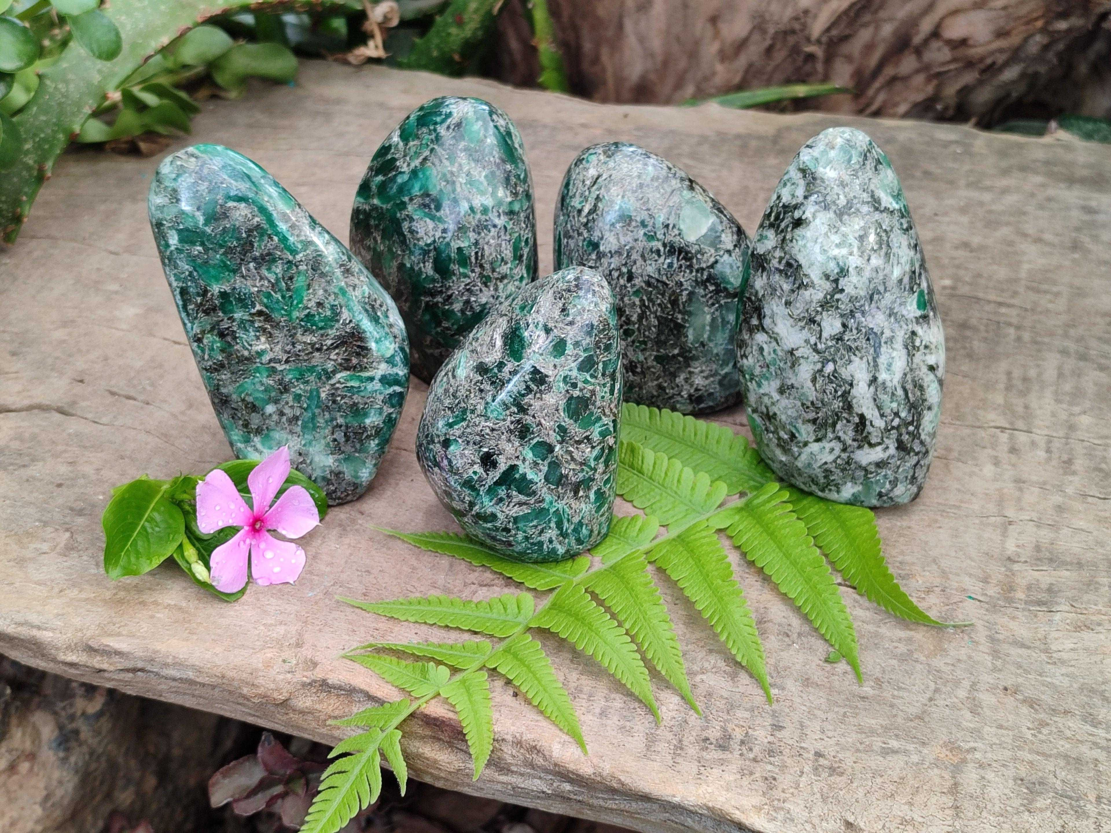 Polished Emerald Mica In Matrix Standing Free Forms x 5 From Mutoko, Zimbabwe - Toprock Gemstones and Minerals 