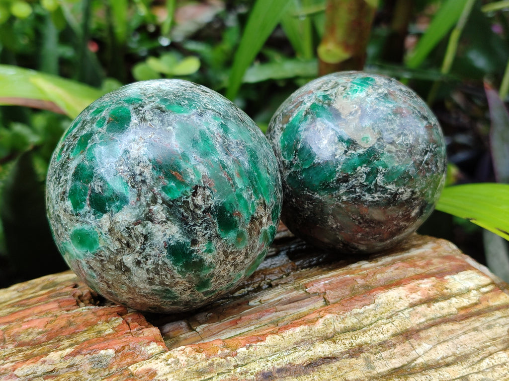 Polished Emerald Mica In Matrix Spheres x 2 From Mutoko, Zimbabwe - Toprock Gemstones and Minerals 