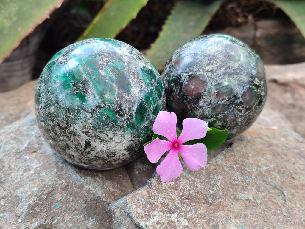 Polished Emerald Mica In Matrix Spheres x 2 From Mutoko, Zimbabwe - Toprock Gemstones and Minerals 