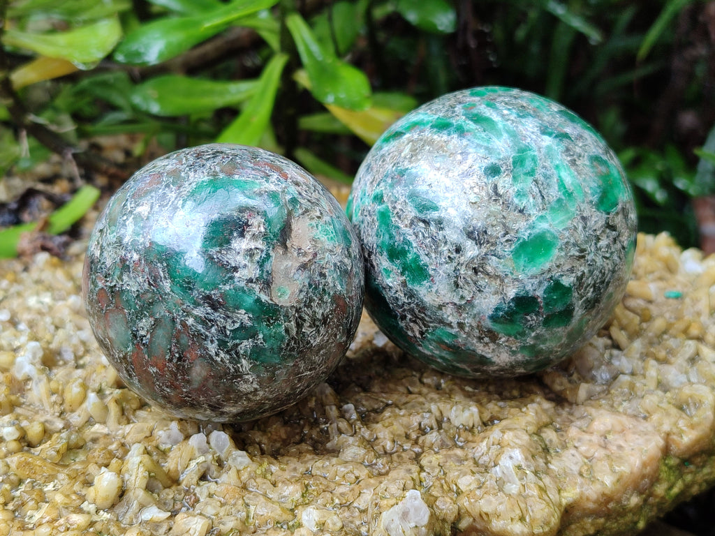 Polished Emerald Mica In Matrix Spheres x 2 From Mutoko, Zimbabwe - Toprock Gemstones and Minerals 