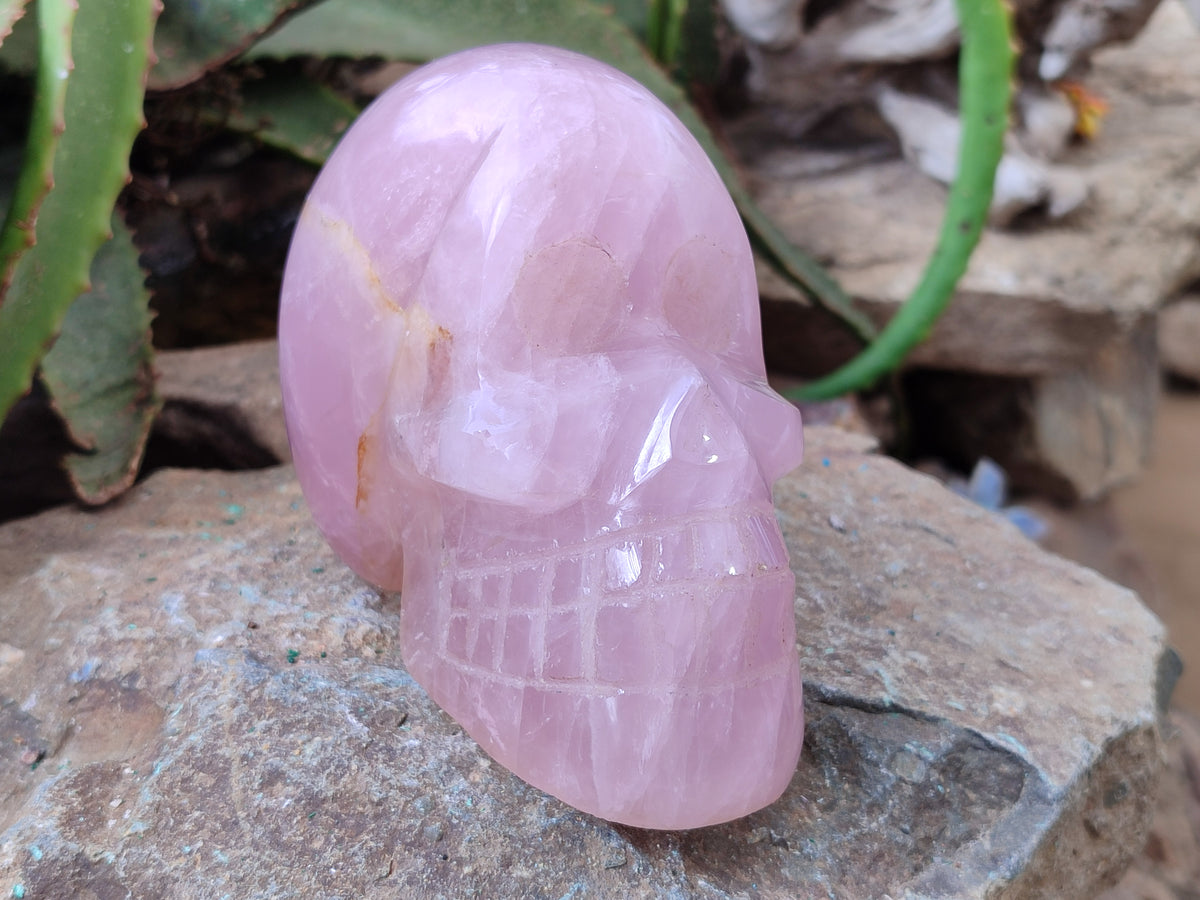 Hand Made Rose Quartz Skull Carving x 1 From Madagascar - Toprock Gemstones and Minerals 