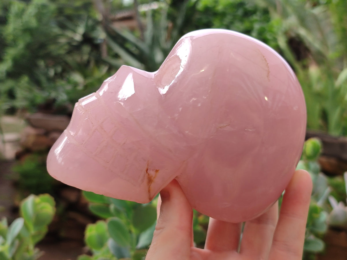 Hand Made Rose Quartz Skull Carving x 1 From Madagascar - Toprock Gemstones and Minerals 