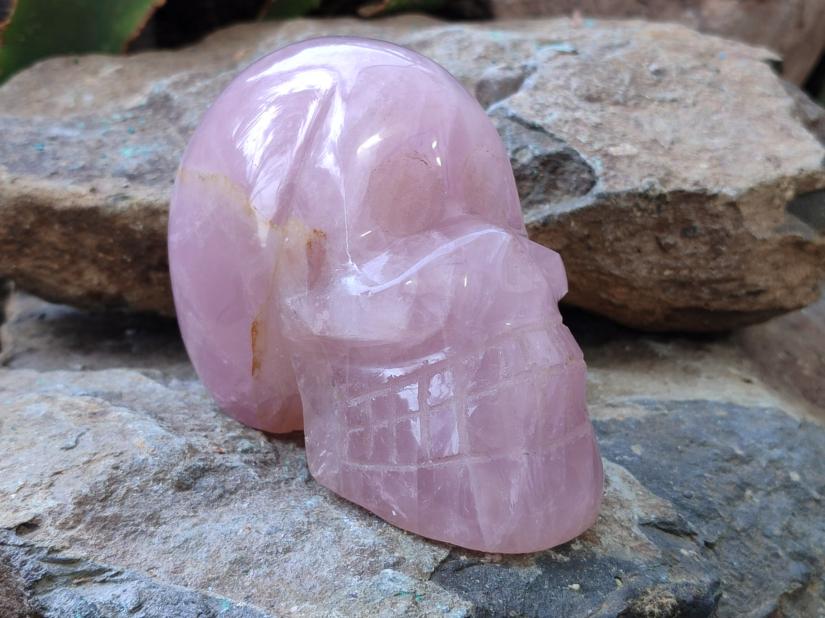 Hand Made Rose Quartz Skull Carving x 1 From Madagascar - Toprock Gemstones and Minerals 