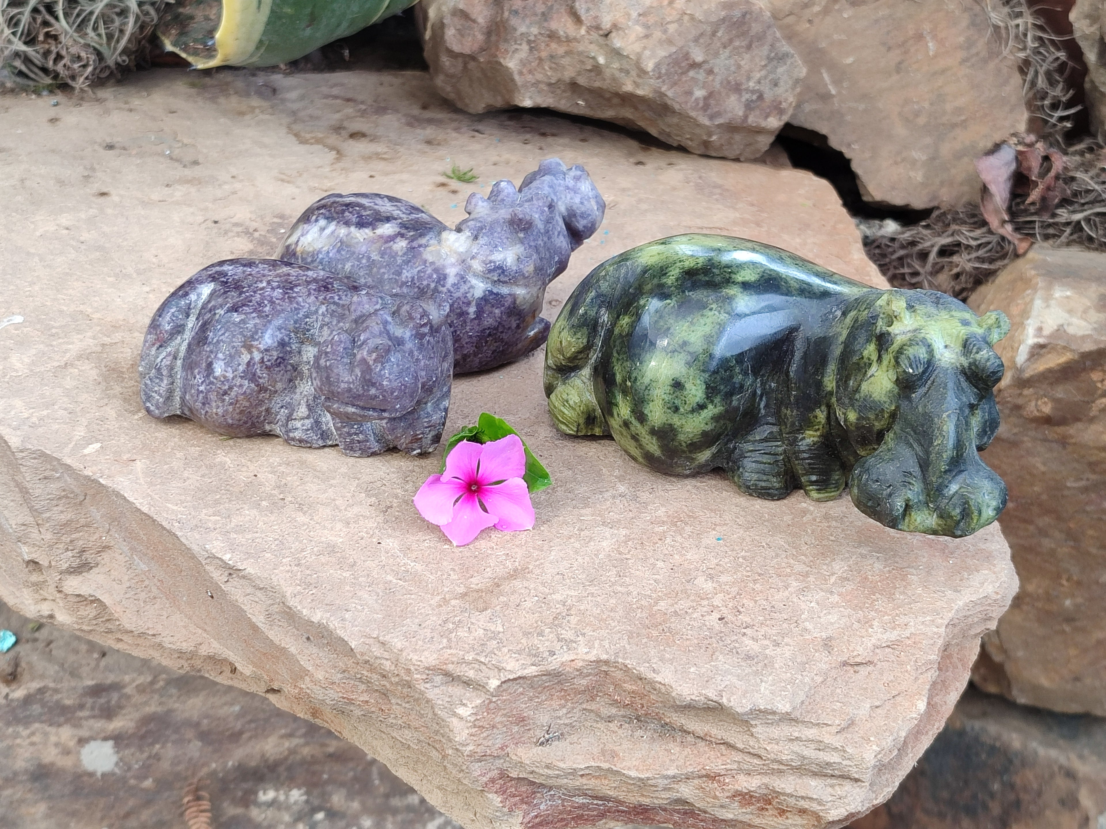 Hand Made Stone Hippo Carvings x 2 From Zimbabwe - Toprock Gemstones and Minerals 