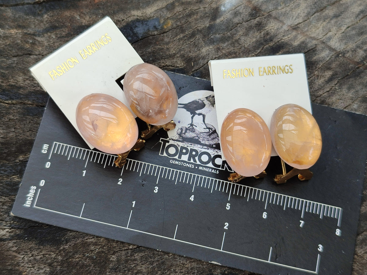 Hand Made Pair Of Pink Moonstone Cabochon Earrings - Sold Per Item - From Madagascar - Toprock Gemstones and Minerals 