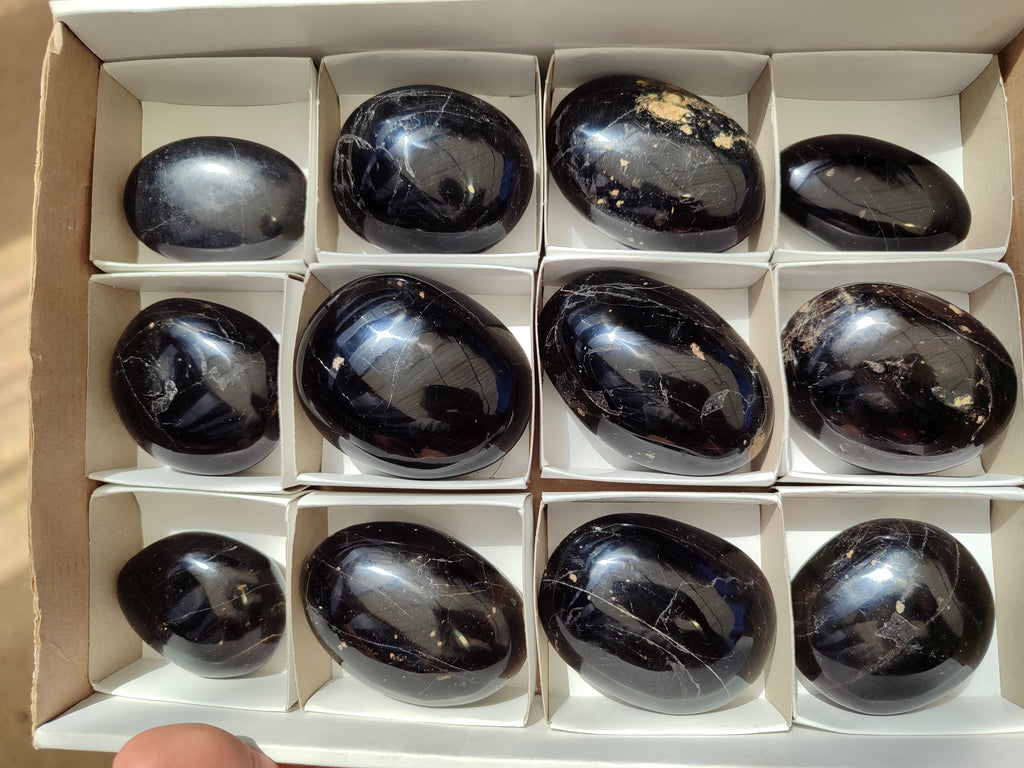 Polished Black Tourmaline Palm Stones x 12 From Madagascar - Toprock Gemstones and Minerals 