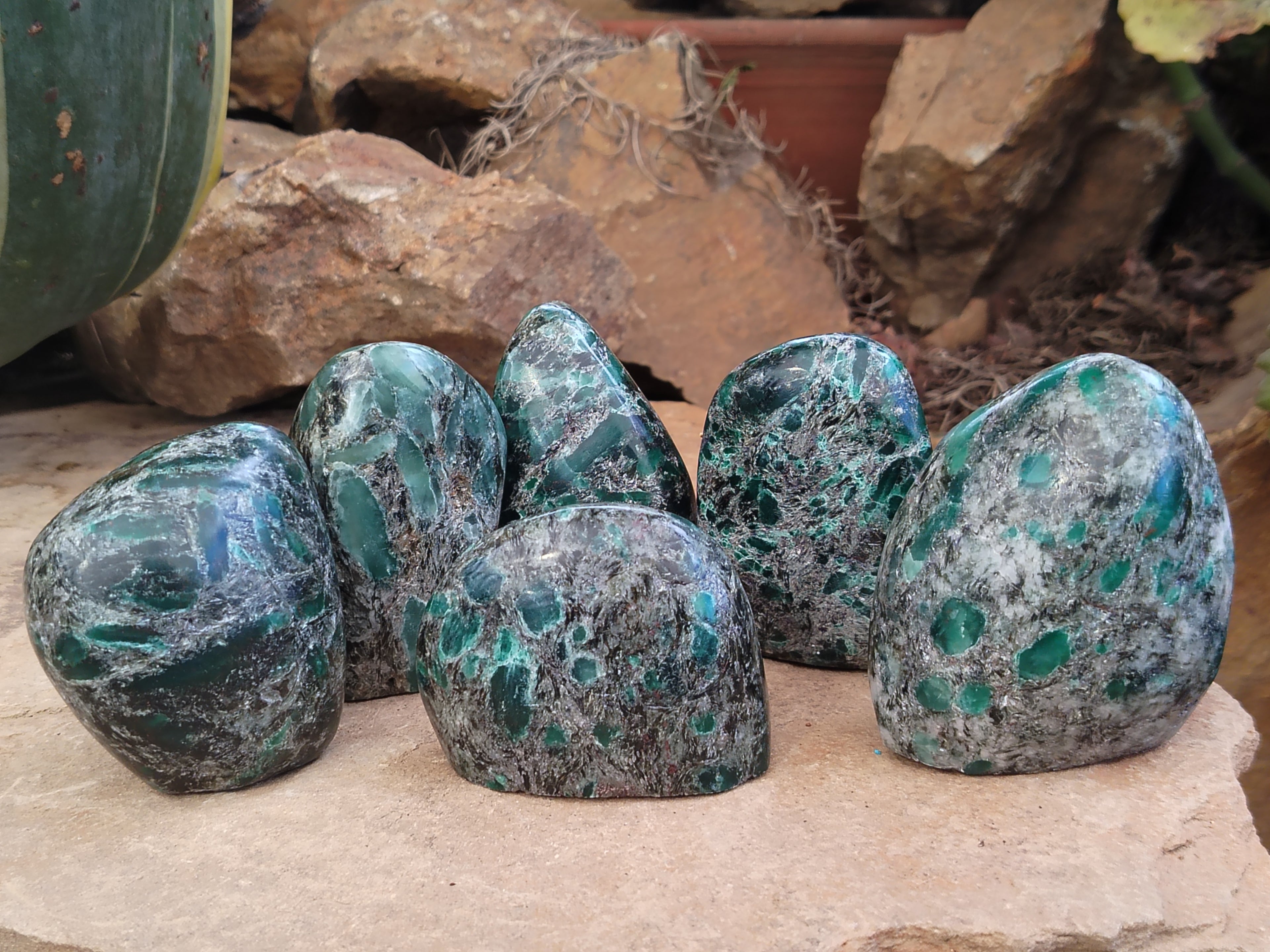 Polished Emerald Mica In Matrix Standing Free Forms x 6 From Mutoko, Zimbabwe - Toprock Gemstones and Minerals 