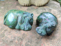 Hand Made Ruby Corundum In Chrome Verdite Hippo Carvings x 2 From Zimbabwe - Toprock Gemstones and Minerals 