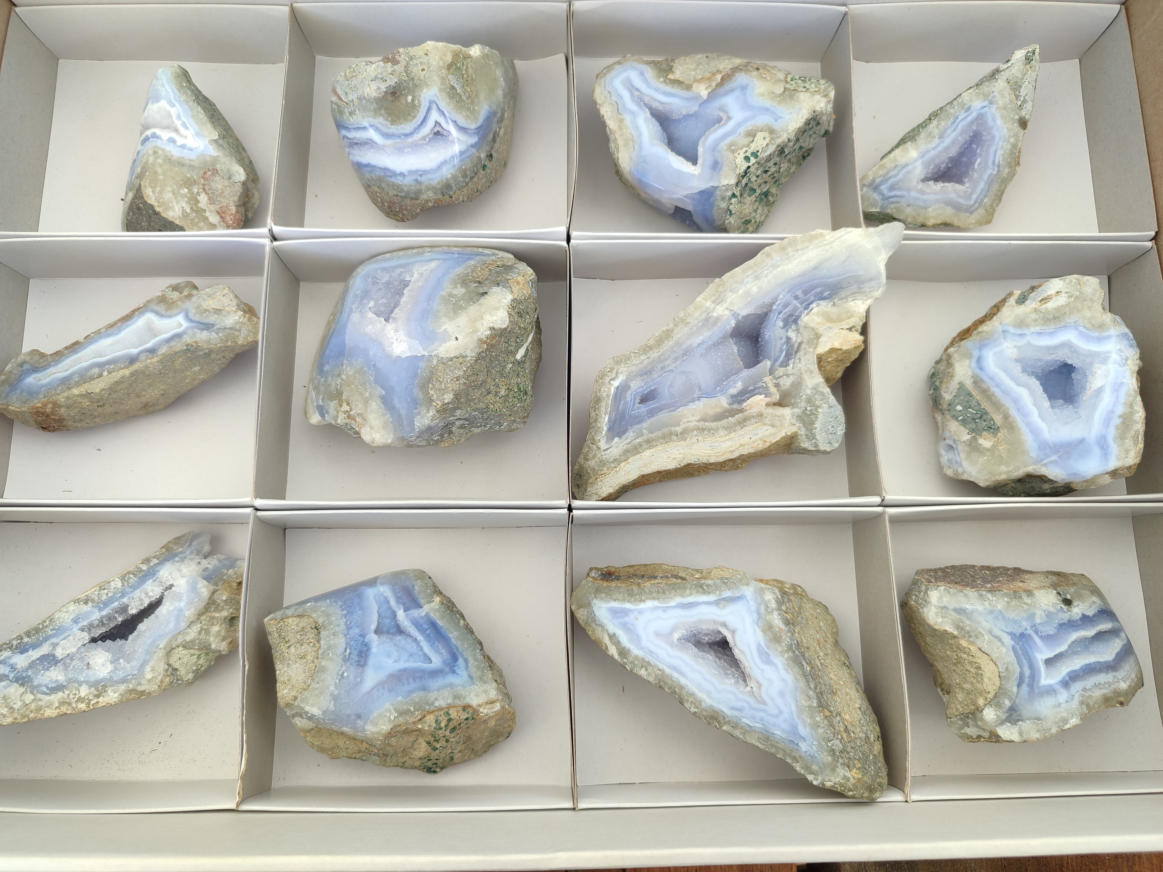 Polished On One Side Blue Lace Agate x 12 From Malawi - Toprock Gemstones and Minerals 