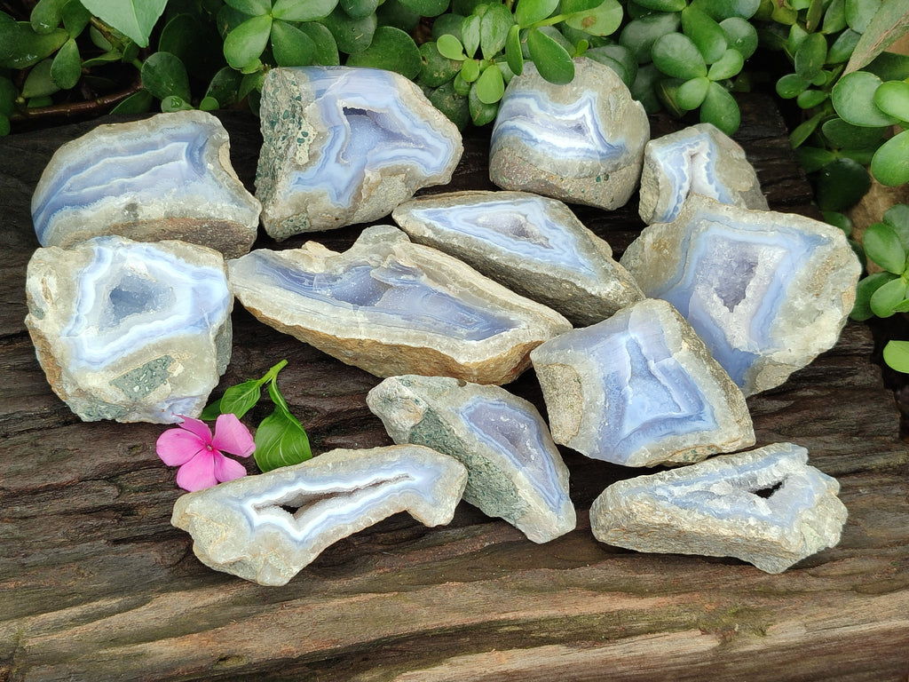 Polished On One Side Blue Lace Agate x 12 From Malawi - Toprock Gemstones and Minerals 