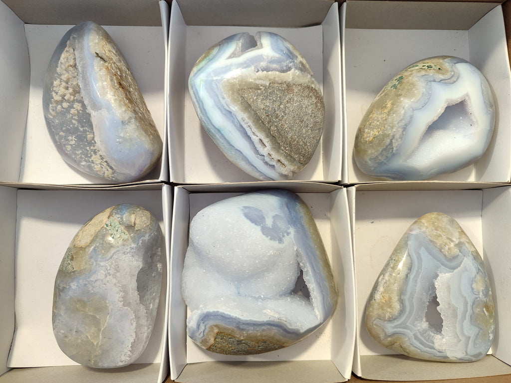 Polished Blue Lace Agate Geodes x 6 From Malawi - Toprock Gemstones and Minerals 