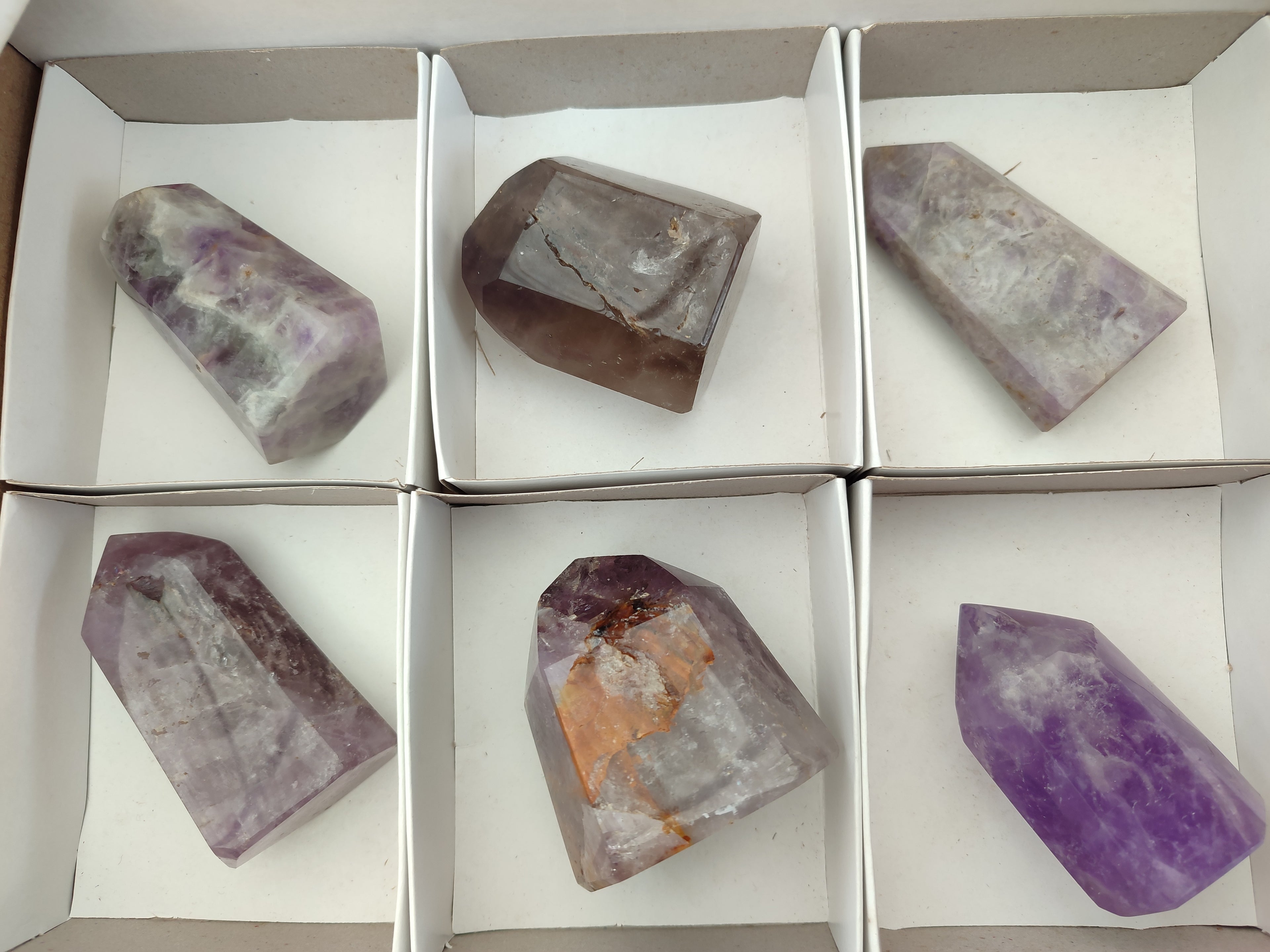 Polished Smokey Amethyst Window Quartz Crystals x 6 From Akansobe, Madagascar - Toprock Gemstones and Minerals 