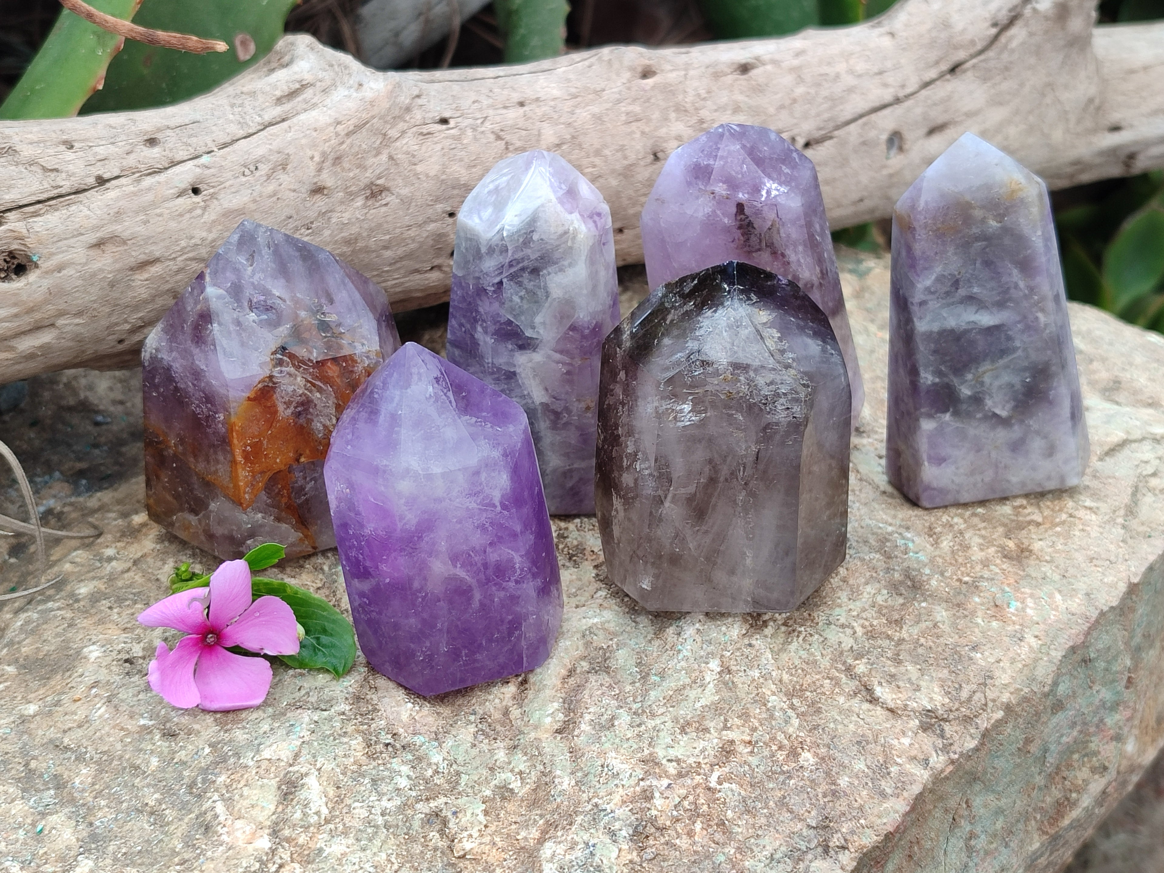Polished Smokey Amethyst Window Quartz Crystals x 6 From Akansobe, Madagascar - Toprock Gemstones and Minerals 
