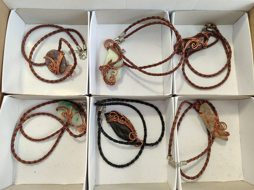 Hand Made Copper Wire Wrapped Pendants x 6 From Southern Africa - Toprock Gemstones and Minerals 